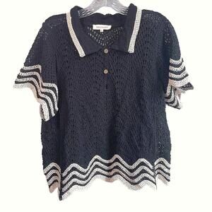 Black & Cream Crochet Solitaire Short Sleeve Collared Top Size L Preppy